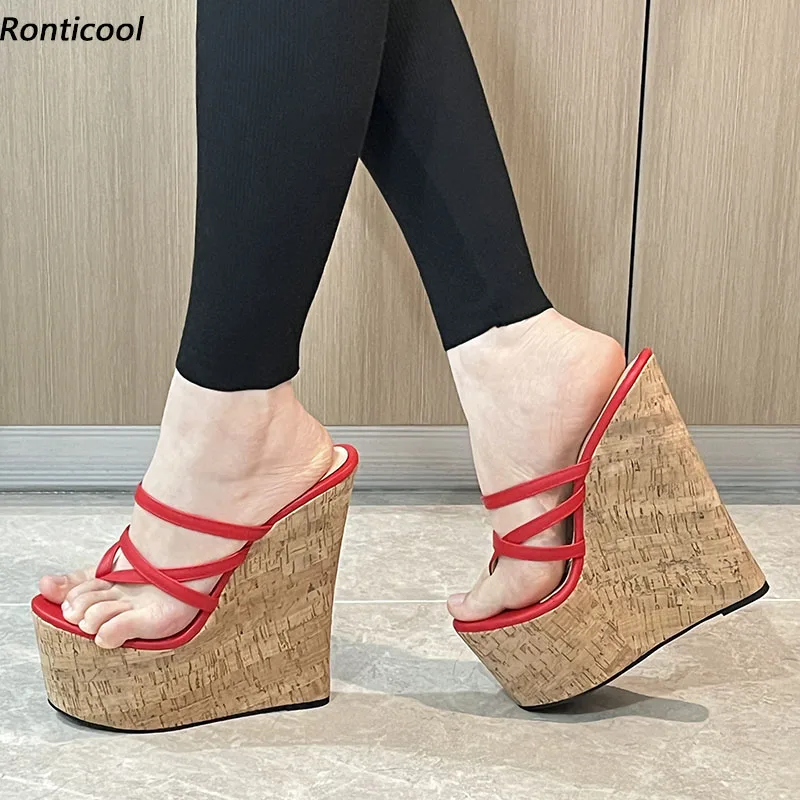 

Ronticool Handmade Women Summer Mules Sandals Wedges High Heels Round Toe Beautiful Red Casual Shoes US Plus Size 5-15