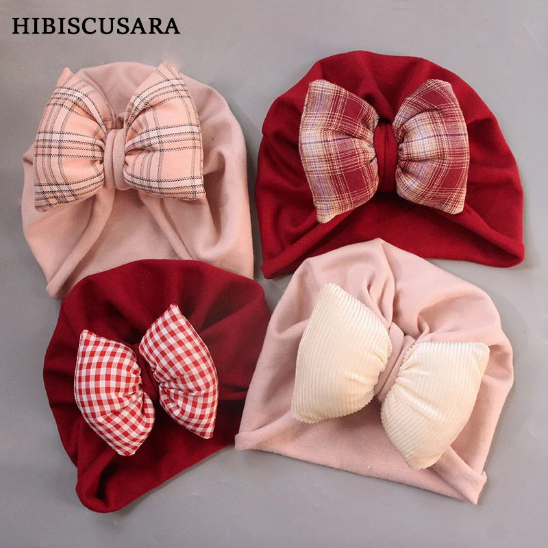 

Головной убор для новорожденных с большим бантом, детская индийская шапка, бандана из мягкого хлопка, тюрбан, головные уборы для девочек, аксессуары в клетку с бантом, головной убор