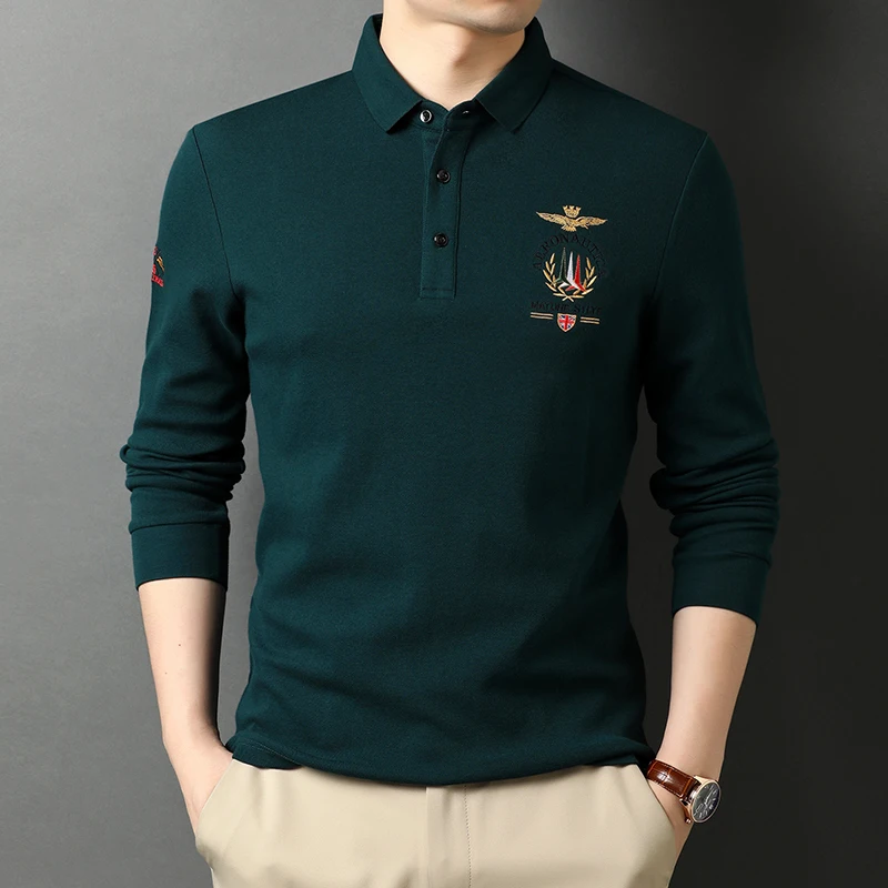 

High End Luxury New Men's Polo Shirts 100% Cotton Lapel Jacquard Embroidery European Trend Fashion Long Sleeves 2022Autumn Black