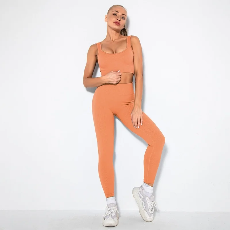 New 2023 Seamless Women Solid  Yoga Set Female Short Sleeveless Sports Bra Long Fitness Pants High Waist Leggings Sports Suits