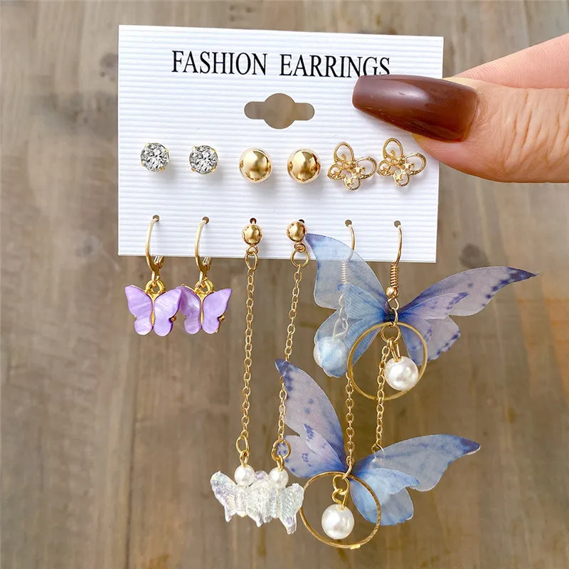 

KOTiK Purple Crystal Butterfly Drop Earring Set For Women New Fashion Imitation Pearl Tassel Rhinestone Earring Jewelry Gift