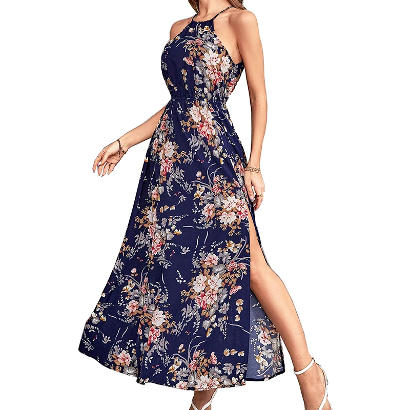 

Elegant Summer Long Women Dress Floral Pink Halter Lace Up Female Clothing Printed Loose Maxi Pretty Ladies Split Dresses 2023