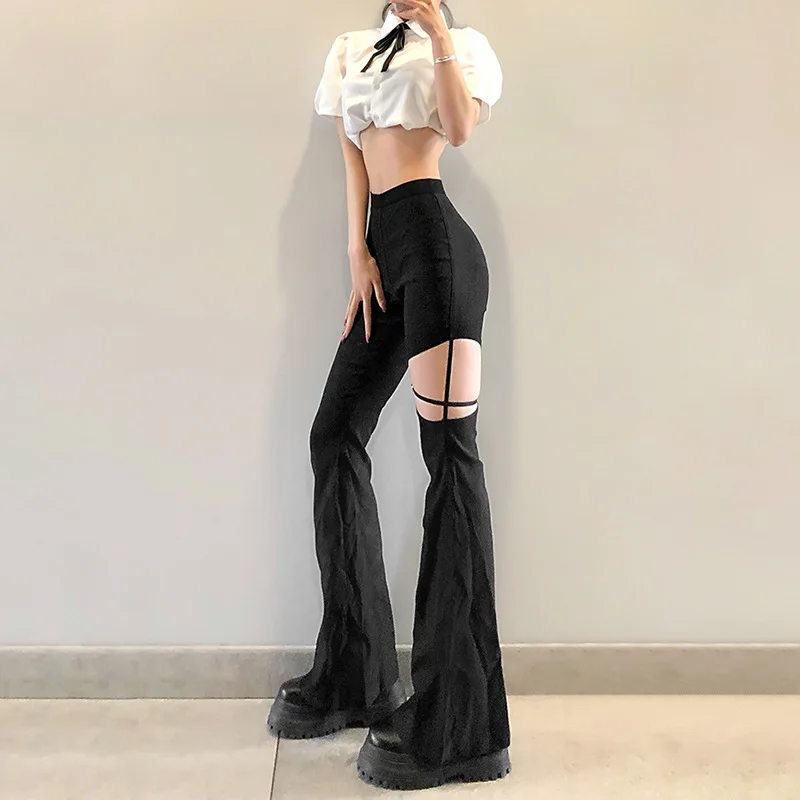 2022 Summer High Street Style High-Waisted Flared Trousers Thighs Personality Eith Hollow And Sexy Show Legs Long