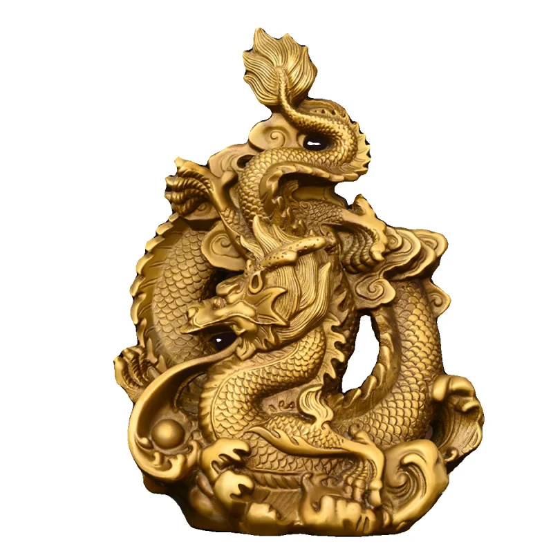 Бронзовый орнамент из чистой меди зодиак Сянлун играющий с жемчугом Цинлун