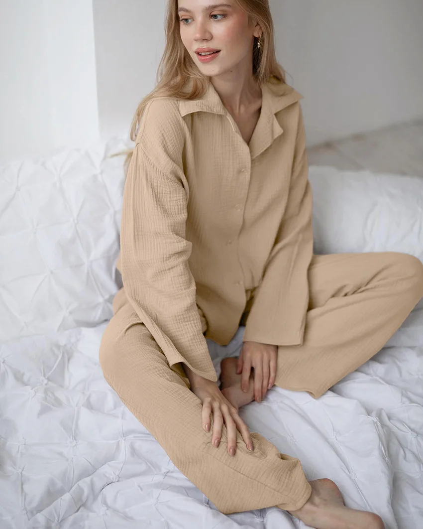 Khaki Pajamas Set Womens Cotton 2 Piece Set Loose Long Sleeve Loose Pajamas Casual Sleepwear Female Home Suits