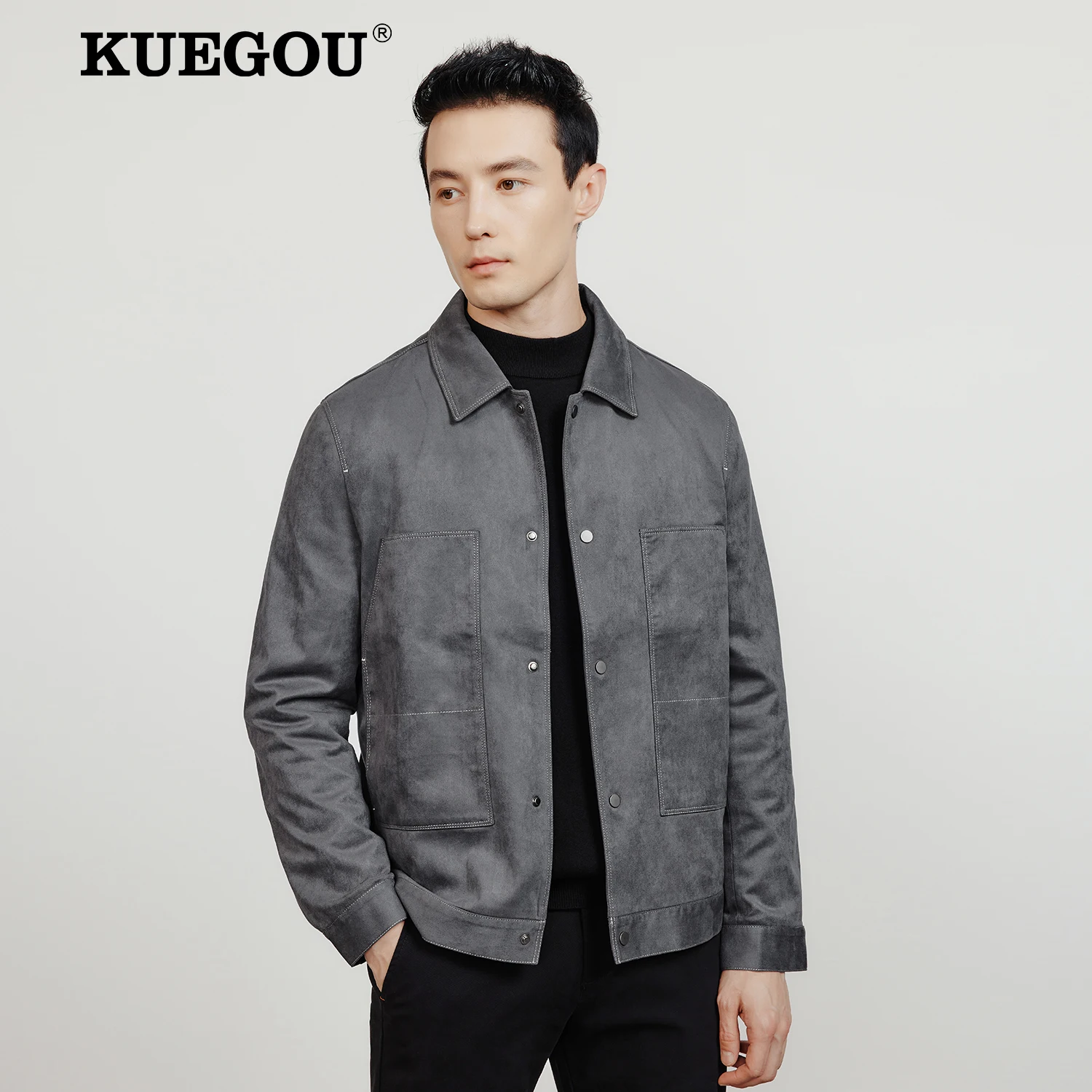 

KUEGOU 2022 Autumn New Men's Cargo Jacket Suede Fabric Solid Color Caeual Vintage Jackets Slim Coat Quality Plus Size 1059