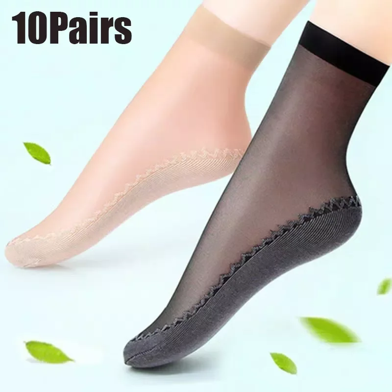 

1/10Pair Spring Summer Women Soft Socks Casual Non-Slip Bottom Splice Fashion Transparent Ladies Girls Thin Silk Sock