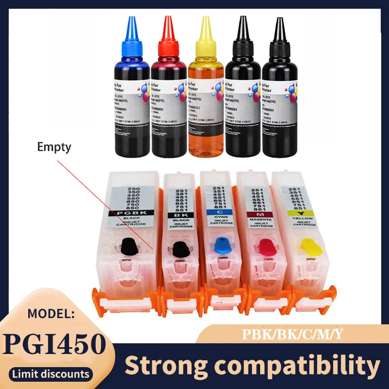 

For Canon PGI450 CL451 refillable ink cartridge with chip PIXMA MG5440 MG5540 MG5640 MG6440 IP7240 MX924 IX6540 IX6840 printer