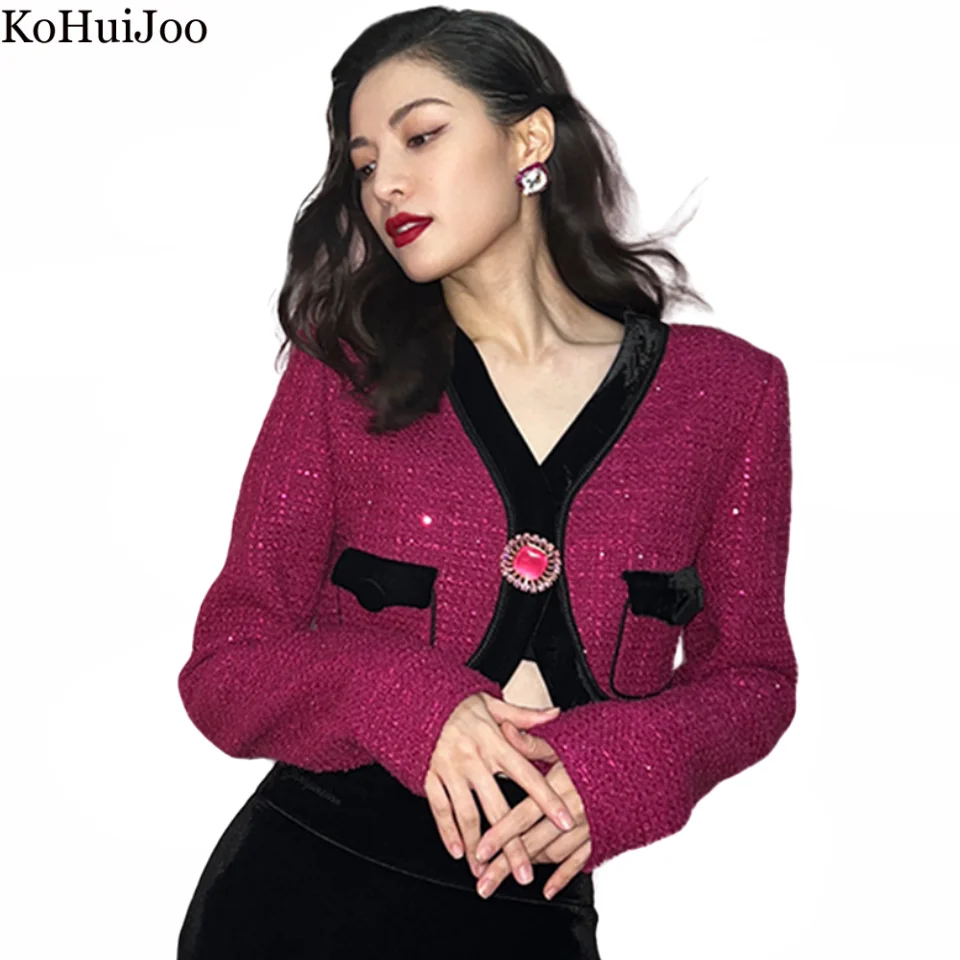 Kohuijoo Autumn Winter Women Woolen Coat Long Sleeve Short Slim Velvet Patchwork Tweed Jacket Female  Luxuriou Diamond Coats