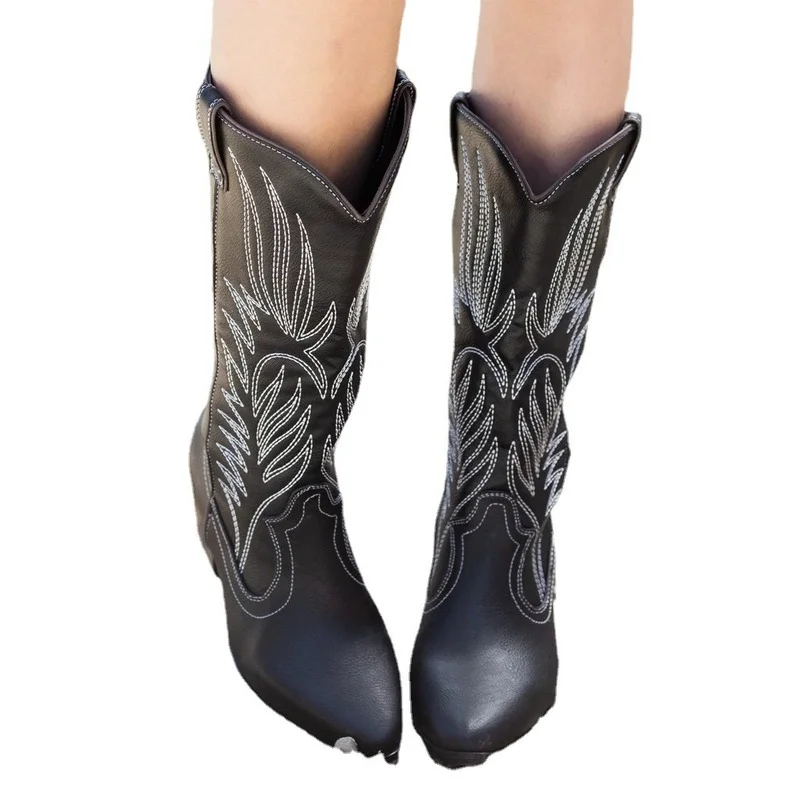 

2022 Women Mid Calf Western Boots Cowboy Pointed Toe Knee High Pull on Boots Ladies Fashion Leather Motorcycle Boots Botas Mujer