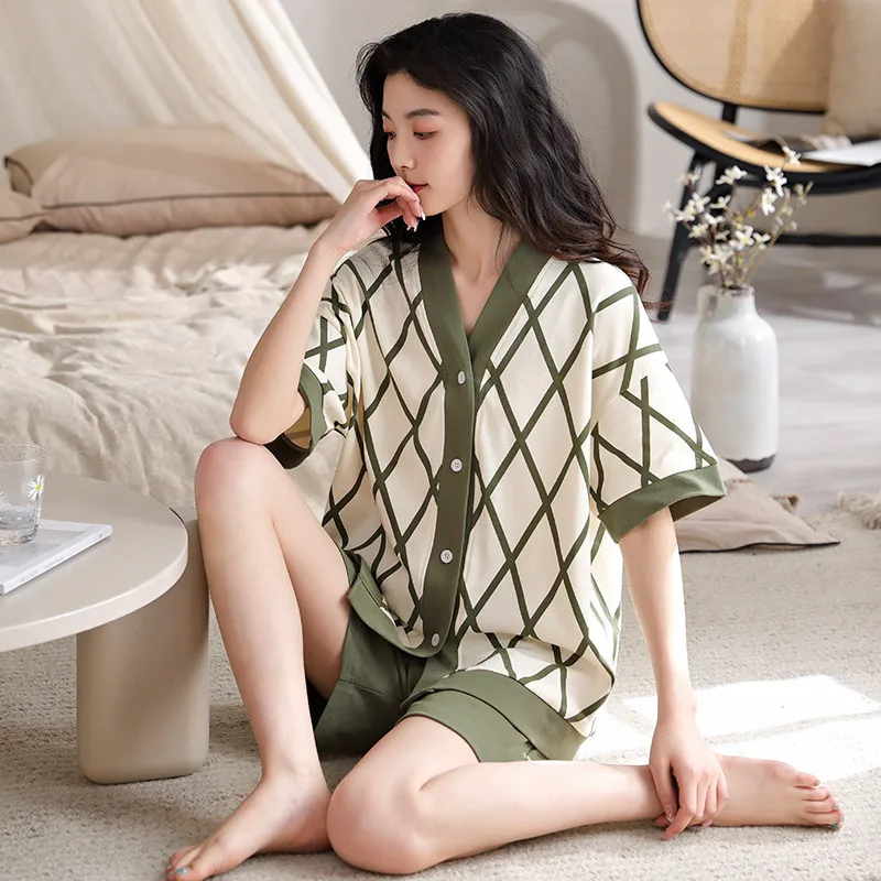 New Pajamas Women's Summer Cotton Casual Cardigan Short-sleeved Plus Size Home Service Suit Breathable and Comfortable Sleepwear