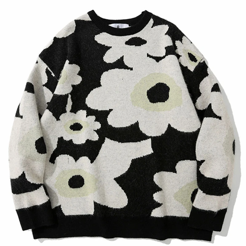 

Japanese Harajuku Knitted Sweater Men Vintage Causal Floral Full Pullover Oversized Unisex Jumper Women Streetwear Spring Autumn