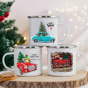 Christmas Trees Truck Print Creative Coffee Cup Christmas Party Decor Drinks Wine Juice Cocoa Cups Handle Enamel Mugs Xmas Gifts