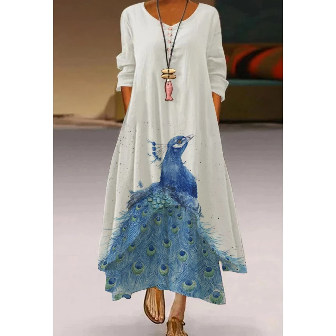 

Peacock Printed Maxi Long Dresses Women Fashion Floral Evening Party Dress Ladies Casual Harajuku Long Sleeve Sexy Dress