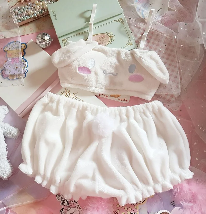Plush Sexy Clothes Woman Two-piece Suit Y2k Cute Cartoon Anime Top Shorts Shorts Underwear Suit Lolita Girl Camisole Tee Womans