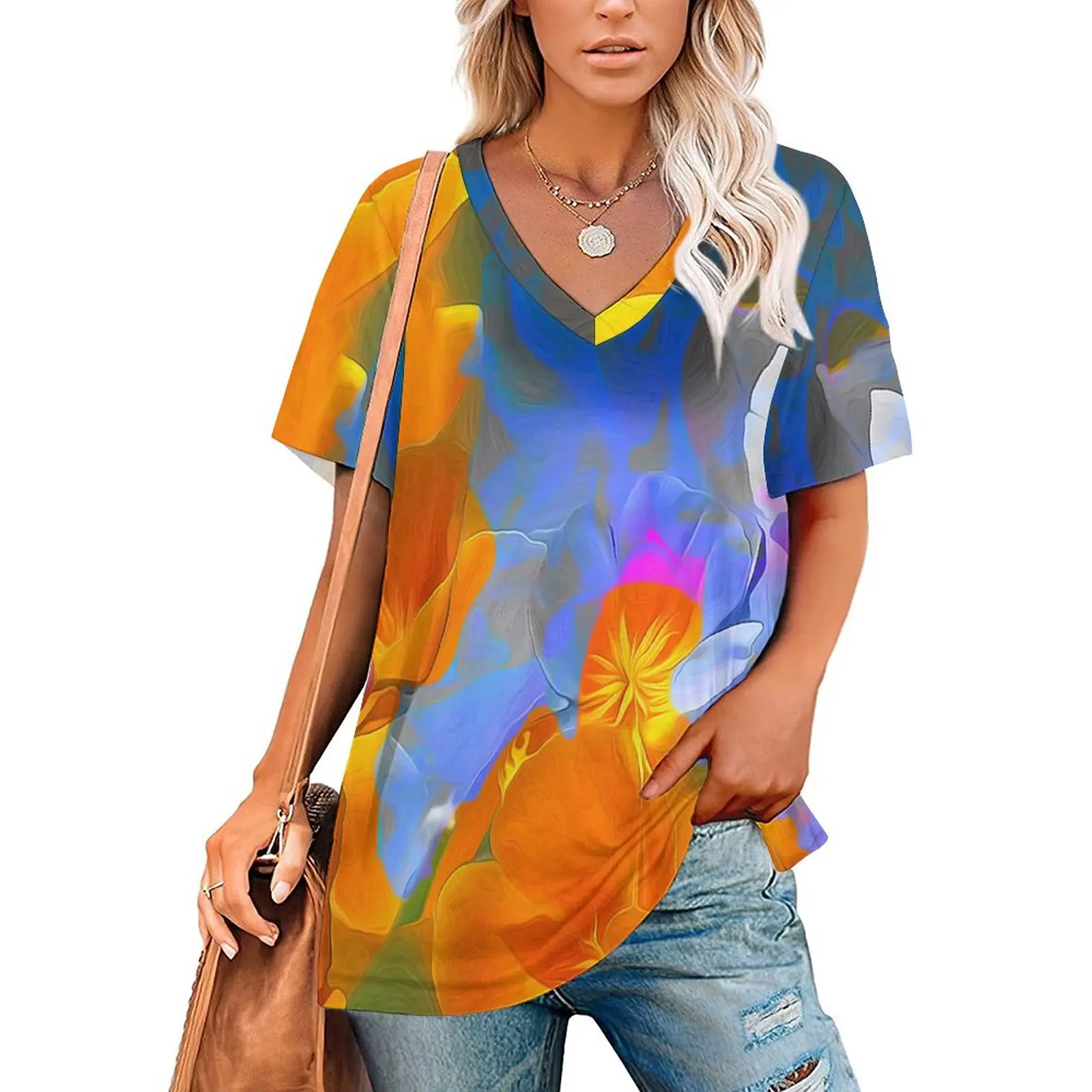 

V Neck Short-sleeve Women Shirt Printed Artistic Flower 7 3D Women Print T-shirt