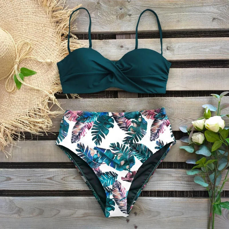 Sexy Leaf Print Bikini 2023 Female Swimsuit Women Swimwear Thong Push Up Bikinis Set High Waist Swimming Suits for Bathing Suit