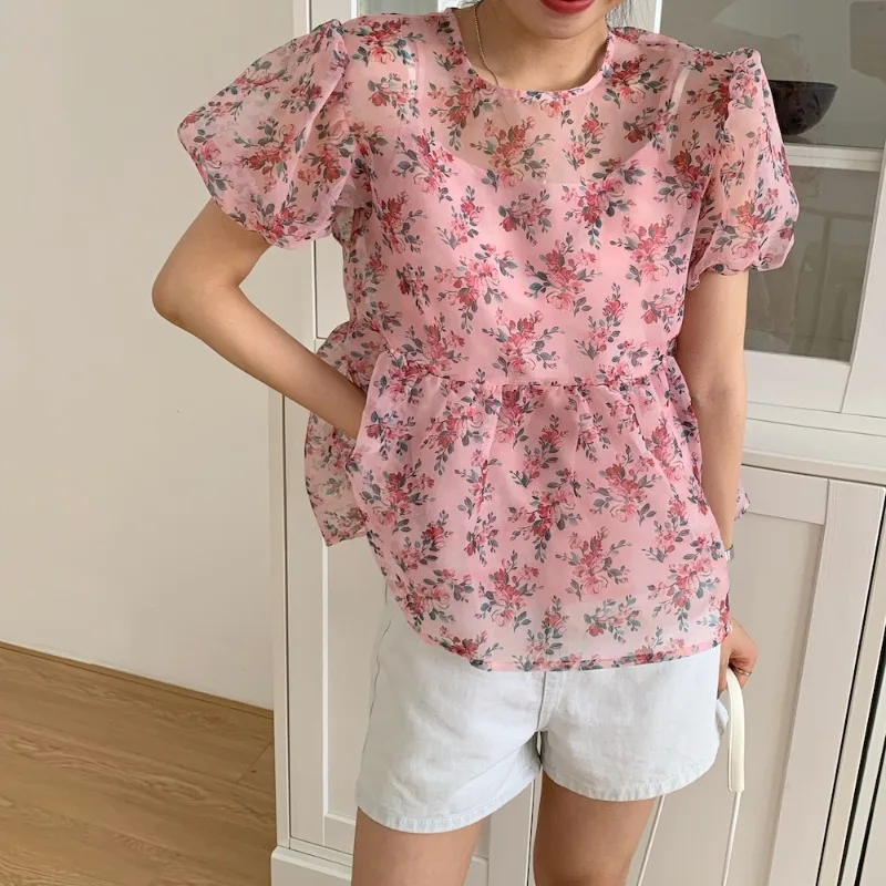 

Women Sweet Organza T-Shirt & Shirts Fashion O Neck Lantern Sleeve Floral T-shirts Girls Retro Hem Ruffled Pink Tops De Mujer