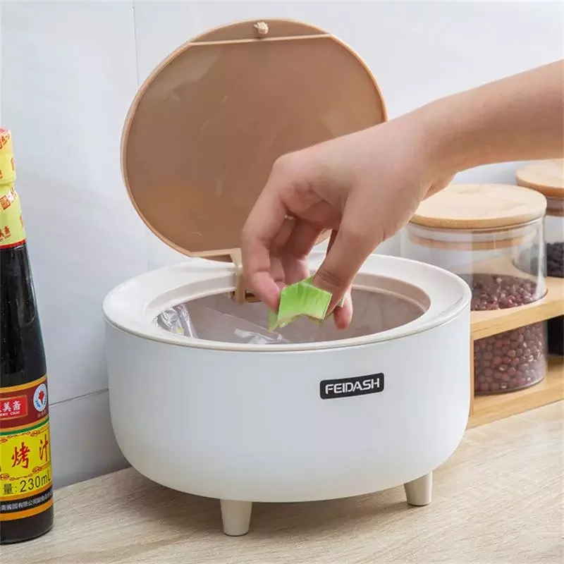 

Can High Foot Nordic Style Imitation Wood Plastic Desktop With Press Cover Dustbin Living Room Toilet Kitchen Garbage 7L
