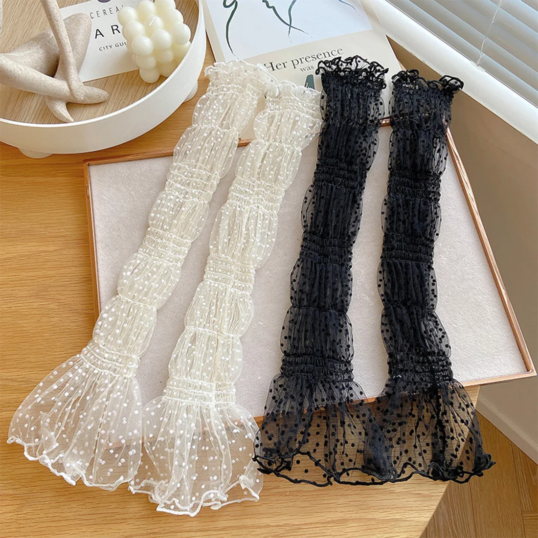 

Summer Long Cute Dot Lace Mesh Fingerless Gloves Sun Protection Arm Sleeve Sunscreen Thin Cycling Black Sexy Accessories