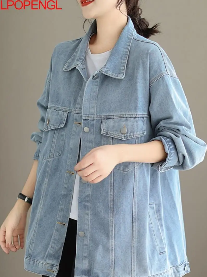 

Autumn Korean Denim Jacket Casual Loose Versatile Single-breasted Streetwear Top Women's Solid Color Turn-down Collar Coat Trend