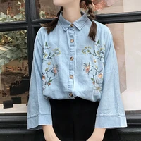 embroidered denim shirts doll sleeves eight points flared sleeves mid length spring summer loose women shirt