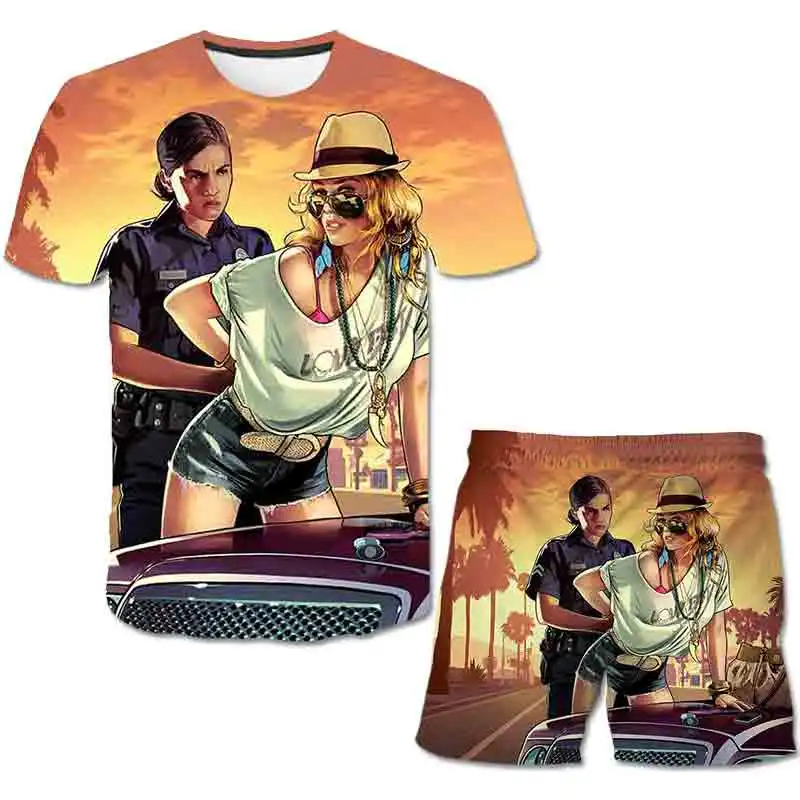 

Летняя одежда для маленьких мальчиков, комплект детской одежды Grand Theft Auto Game GTA 5, футболка и шорты для девочек, комплект из 2 предметов, повседневная одежда