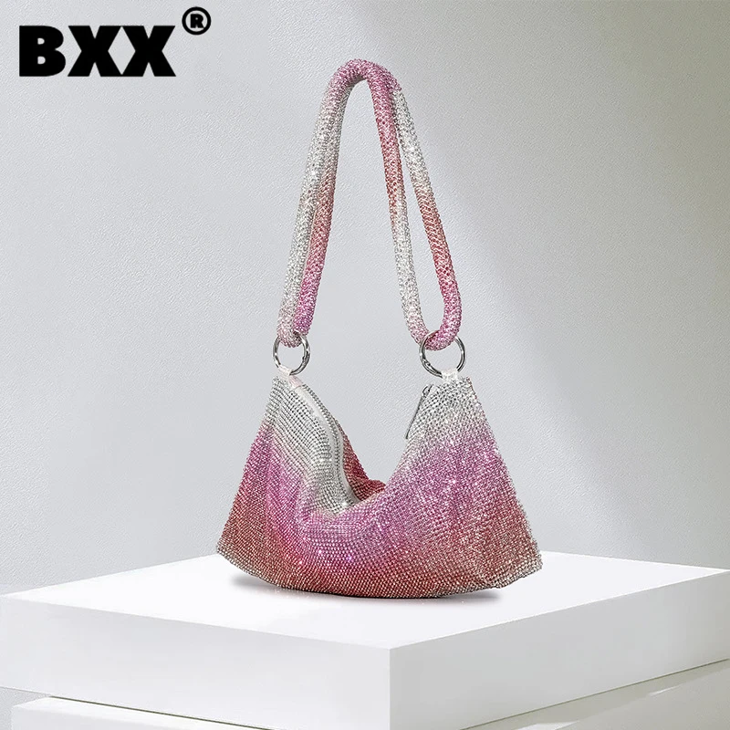 

[BXX] Fashion Gradient Color Women's Dinner Bag Diamond Metal Ring Spliced Shoulder Bags High End Zipper Handbag 2023 New 8CY127