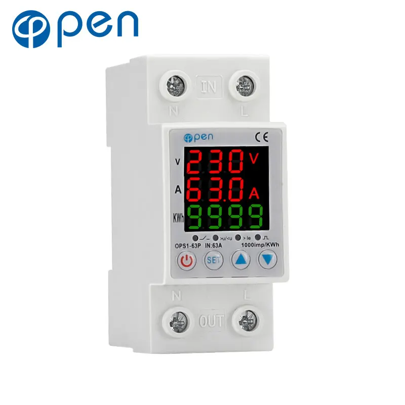 63A 230V 3IN1 Дисплей Din-рейка Открытый регулируемый реле защиты от перенапряжения