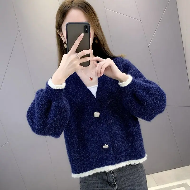 

2022 Spring Autumn Women's New V-neck Short Cardigan Coats Female Solid Color Knitted Outwear Ladies Loose Sweater Jackets H213