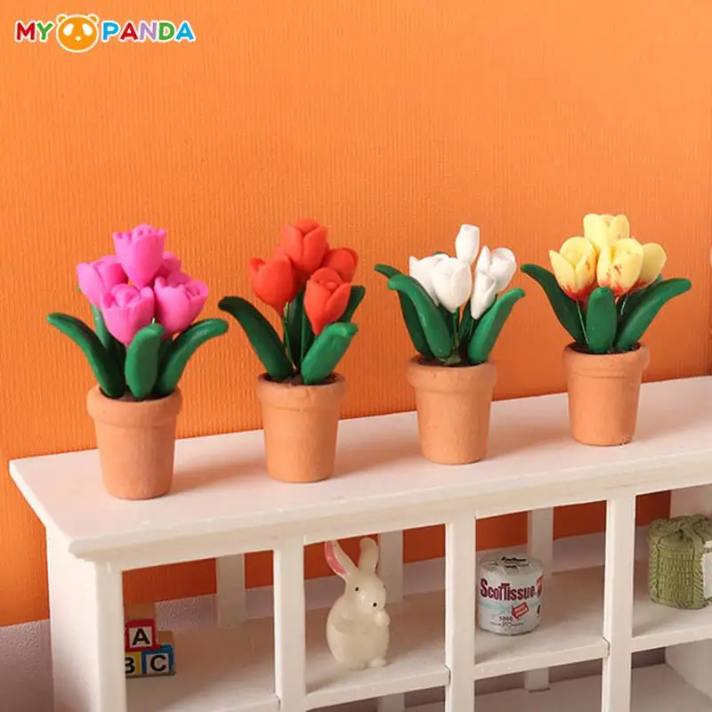 

1:12 Dollhouse Miniature Tulip Potted Plant Flower Pot Bonsai Model DIY Doll House Fairy Garden Scene Decor Toy Accessories