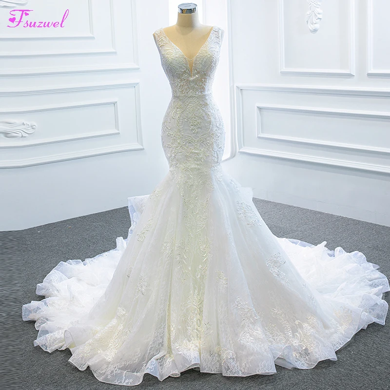 

Fsuzwel Gorgeous Appliques Court Train Mermaid Wedding Dress 2023 Romantic V-Neck Lace Up Trumpet Bridal Gown Vestido De Noiva