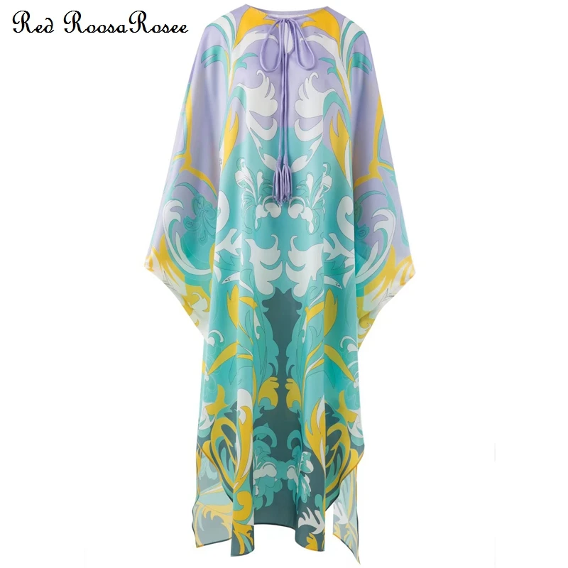 

Red RoosaRosee Summer Designer 2022 Runway Women O-neck Collar Purple Elegant Print Batwing Sleeve Bead Long Maxi Dress Vestidos