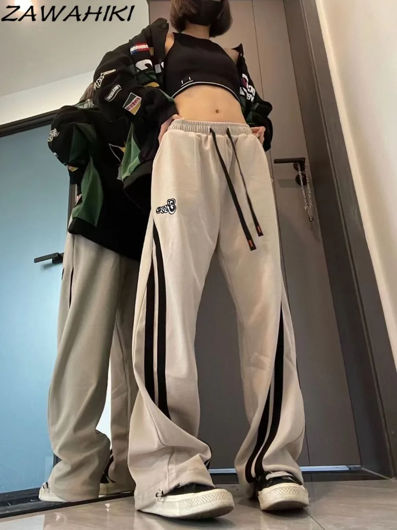 

Zawхитки, американская Хай-стрит, хип-хоп, Модные Винтажные осенние женские брюки, повседневные спортивные свободные прямые буквенные контрастные цвета
