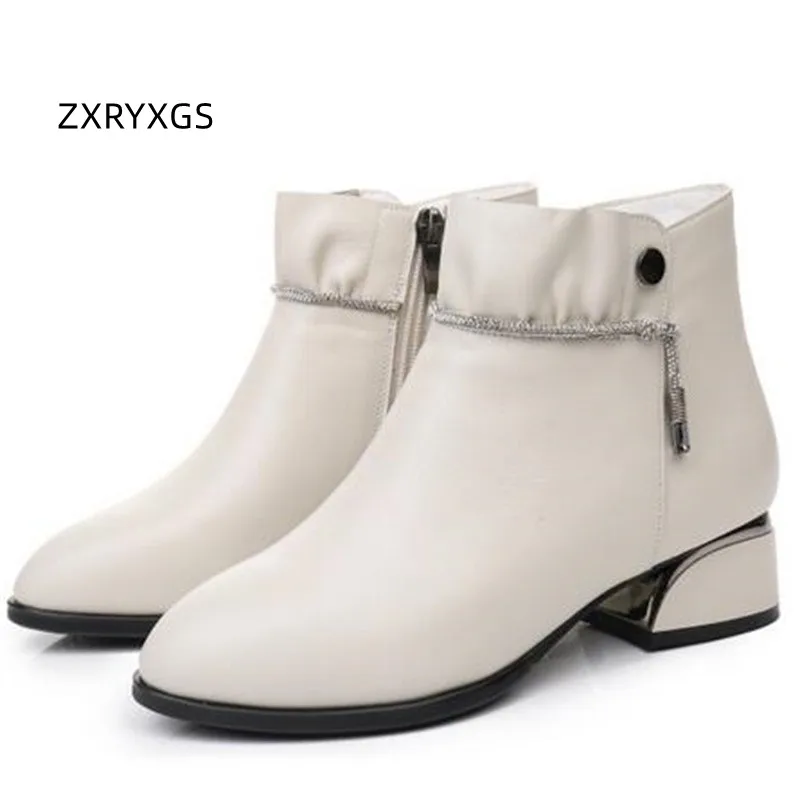 

ZXRYXGS Top Cowhide Pointed Diamond Women Fashion Boots Autumn Winter Boots 2022 Big Size Leather Boots Thick Heel Women Boots