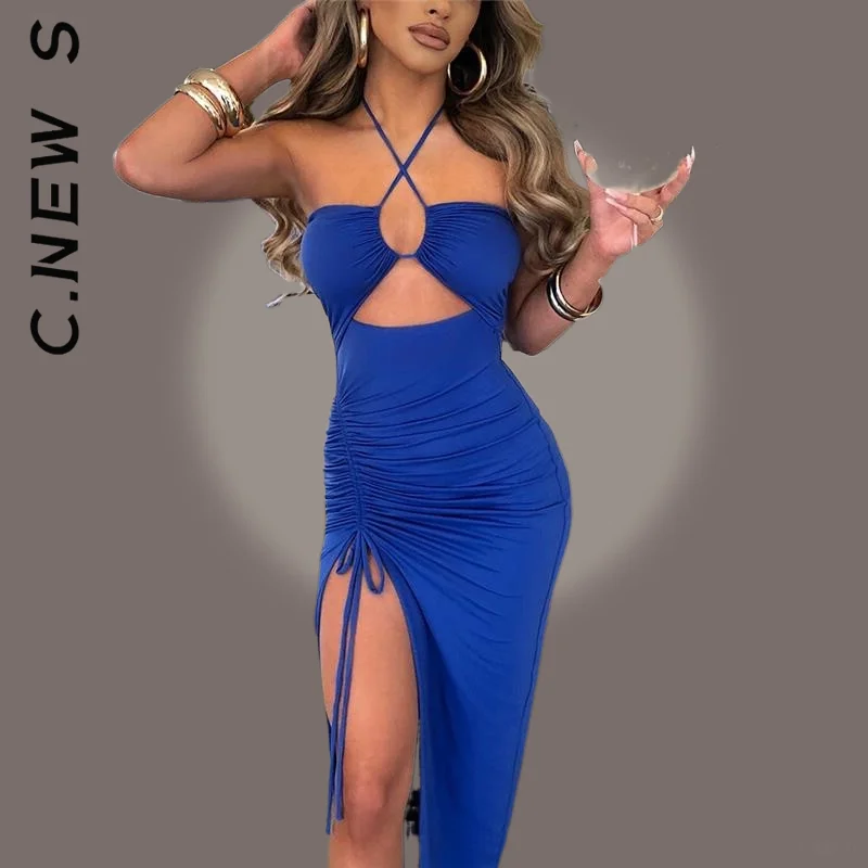 

C.New S Dress Fashion Women Simple Dresses Sleeveless Sexy Female Midi Backless Dresses Korean Robe Lazy Female Dress Woman