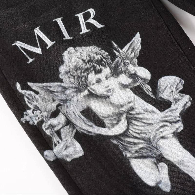 Streetwear Fashion Men Jeans Black Color Elastic Slim Fit Ripped Jeans Men Printed Designer Brand Hip Hop Punk Pants Hombre