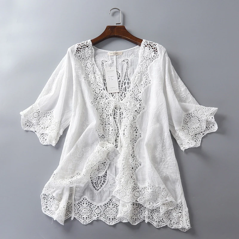 

Summer Casual Lace Hollow Out Cardigan Women Cotton Embroidery Shawl Seaside Vacation Female Sunscreen Beach Blouse Tops U538