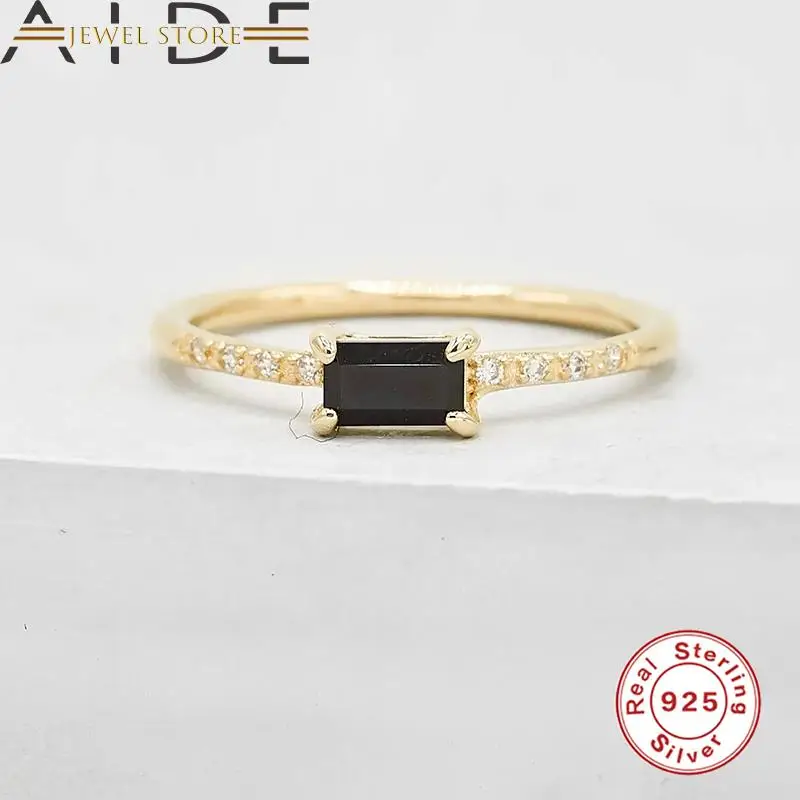

Aide Trendy Anillo Plata 925 Mujer Cocktail Ring For Women 18K Gold Plated Black Zircon Engagement Bague 925 Silver Jewelry
