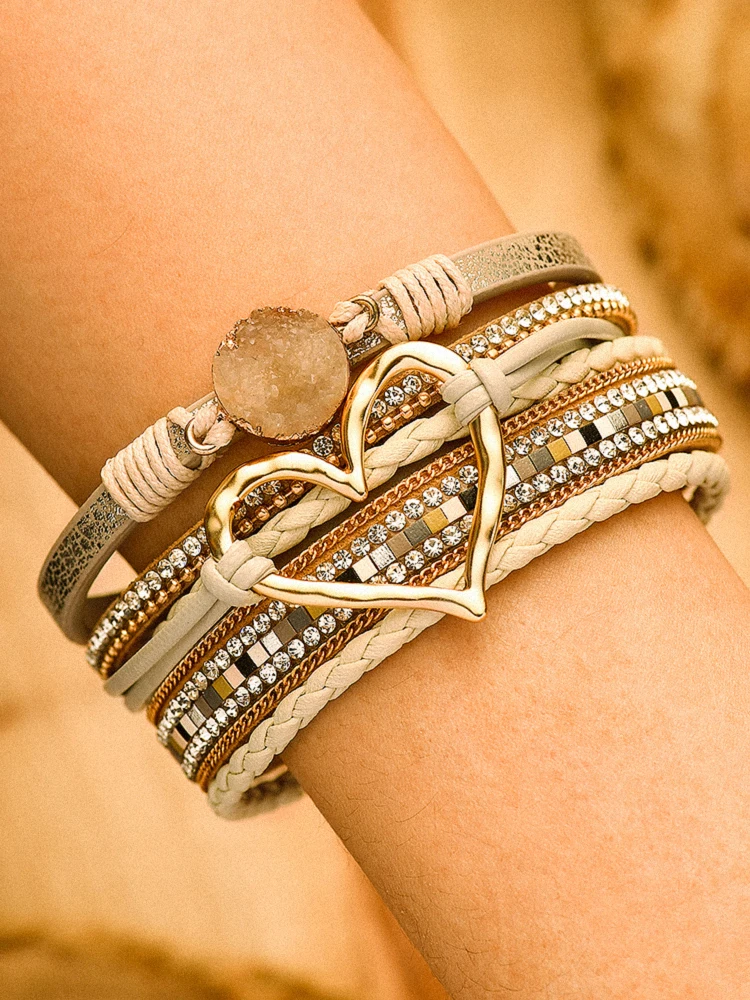 

Rhinestone Heart Alloy Magnetic Buckle Bracelet Styles Matching Bracelet Multilayer Woven For Women Double Loop Hand Ornaments