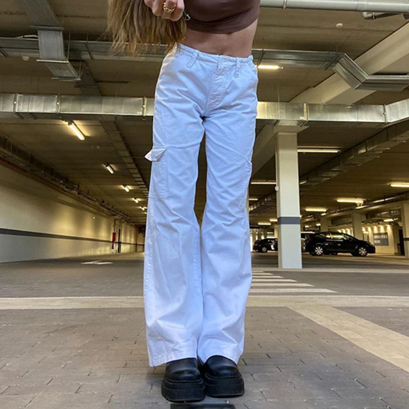 

YIKUO White Low Waist Straight Cargo Pants Women Y2K Streetwear Retro Green Vintage Casual Pockets Joggers Sweatpants Korean