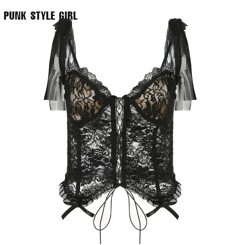 

See Through Strapless Crop Corset Bustiers Y2k Tube Top Summer Sexy Black Backless Ruffles Floral Spaghetti Strap Camisole Women