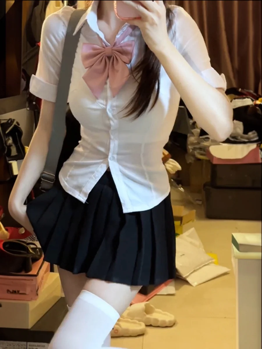 Waist Hugging Shirts Short sleeve Pure Desire Preppy Set Summer White Shirt Jk Uniform Women Short Man Top