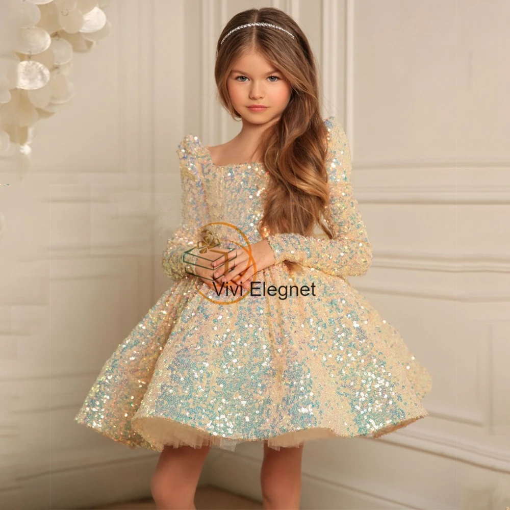 

Glod Sequined Full Sleeve Sparking Flower Girl Dresses New Arrived Knee Length Squarter Collar Zipper Back Christmas Gown Bow