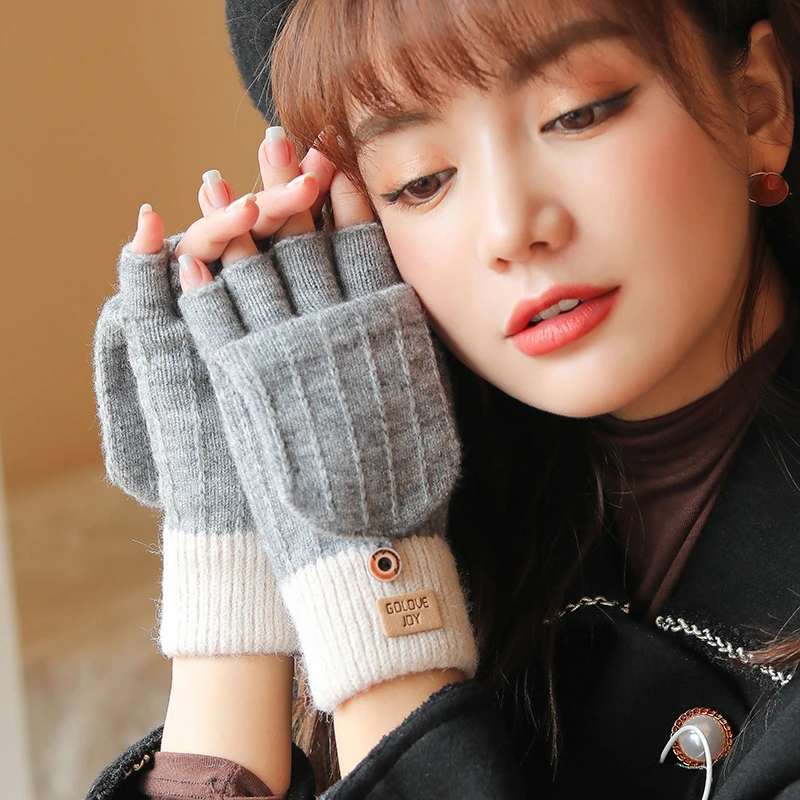 

Women's Winter Gloves Half Finger Cashmere Warm Windproof Knitted Glove Office Writing Outdoor Flip Girls Cold Mitten 2022 New