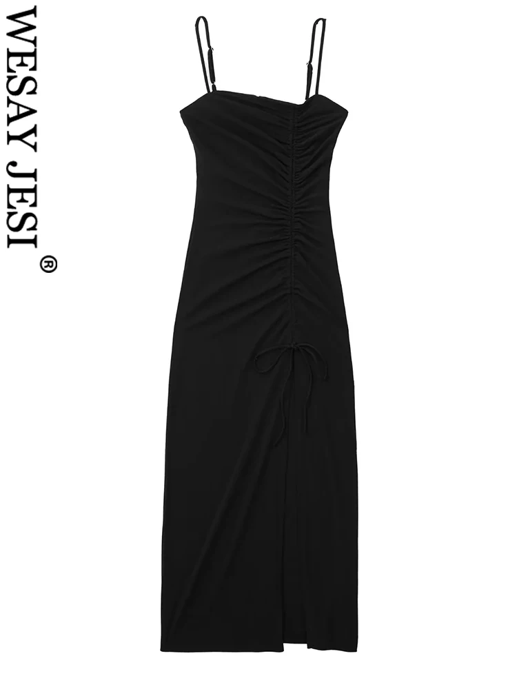 

WESAY JESI Dress Women Fashion Solid Pleated Side Slit Back Zipper Midi Dress Vintage Thin Straps Halter Female Chic Lady Dress