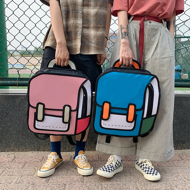 Student 2D Drawing Backpack Oxford Cloth Cartoon Cute Fashion School Bags Outdoors Waterproof Comic Bookbag for Teenager Unisex