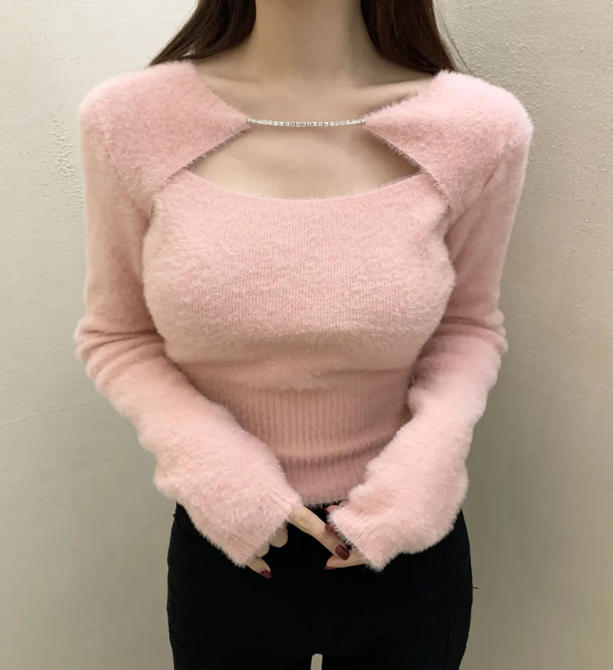 

Korean Chic Halter Sweater Solid Mink Cashmere Long Sleeve Knitwears Pullovers Sweet Temperament Gentle Korean Fashion