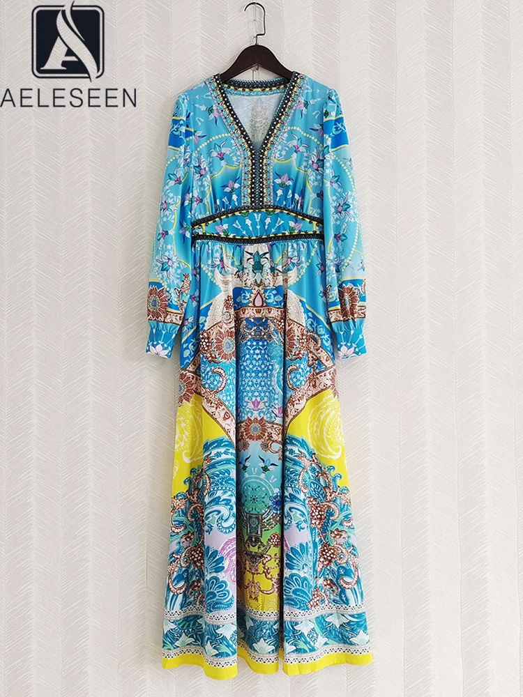 

AELESEEN 2022 Women Autumn Dress Runway Fashion Long Sleeve V-Neck Colorful Flower Print Beading Diamonds Elegant Party