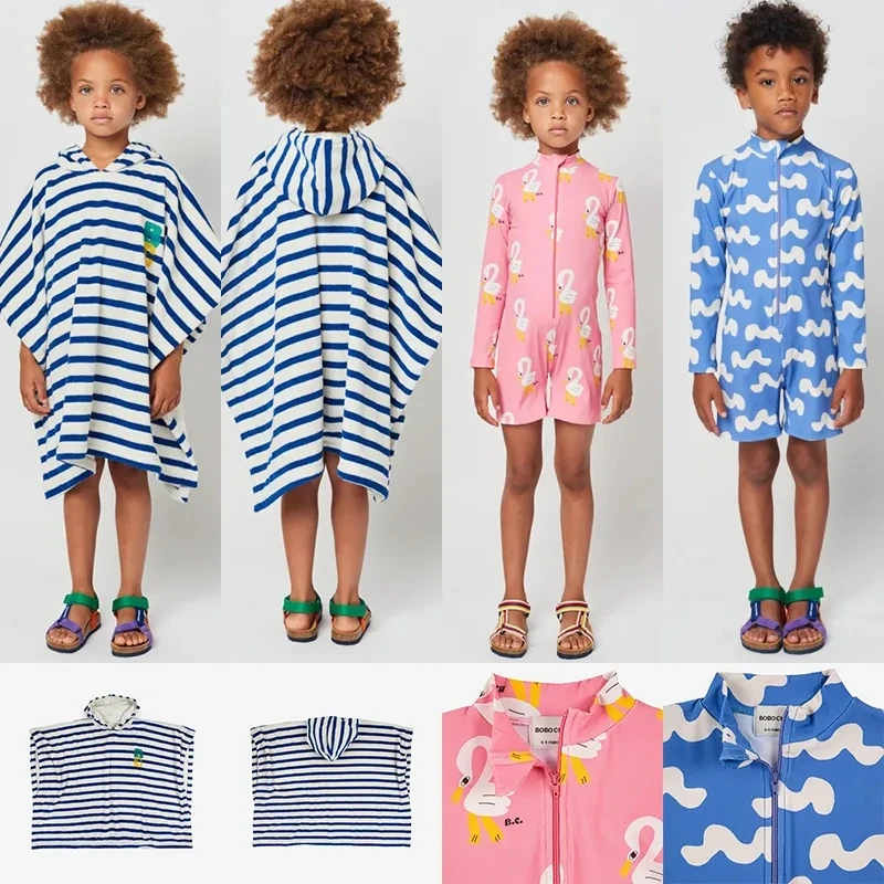 

2023 New Summer Children's One Piece Pink Lovable Girls Swan Swimsuit Boys Wave One-piece Swimsuit Children's Striped Bathrobe
